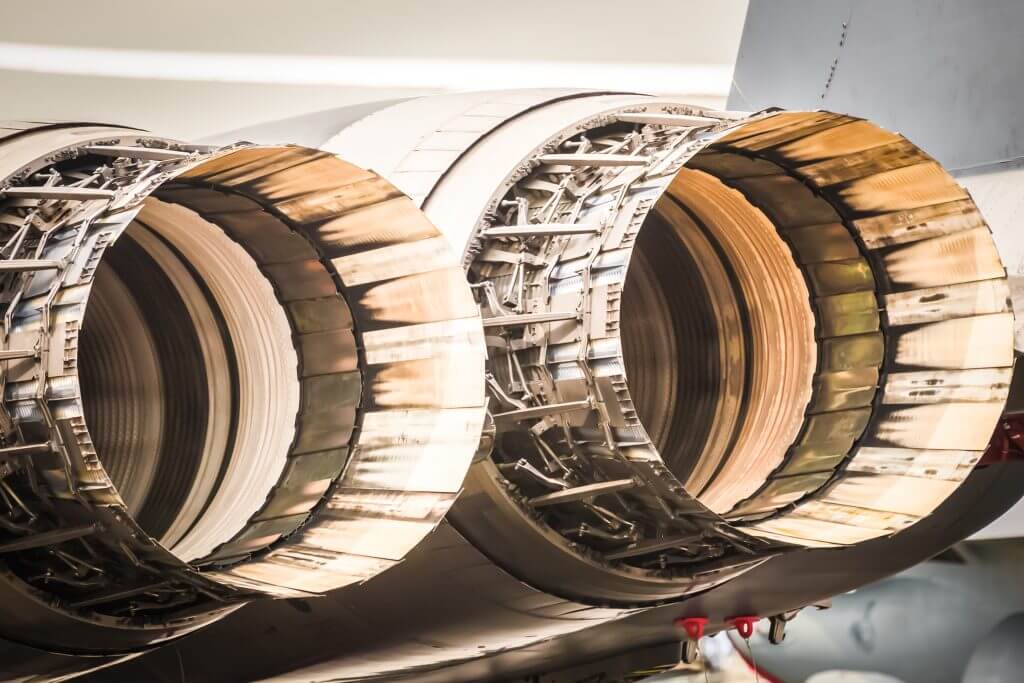 abstract closeup of military fighter jet engine thrust cowlings